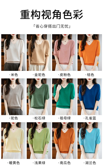Thin Worsted Wool Short-Sleeved Women's Loose Round Neck T-shirt Printed Summer Fashion Knitted Bottoming Shirt Half-Sleeved
