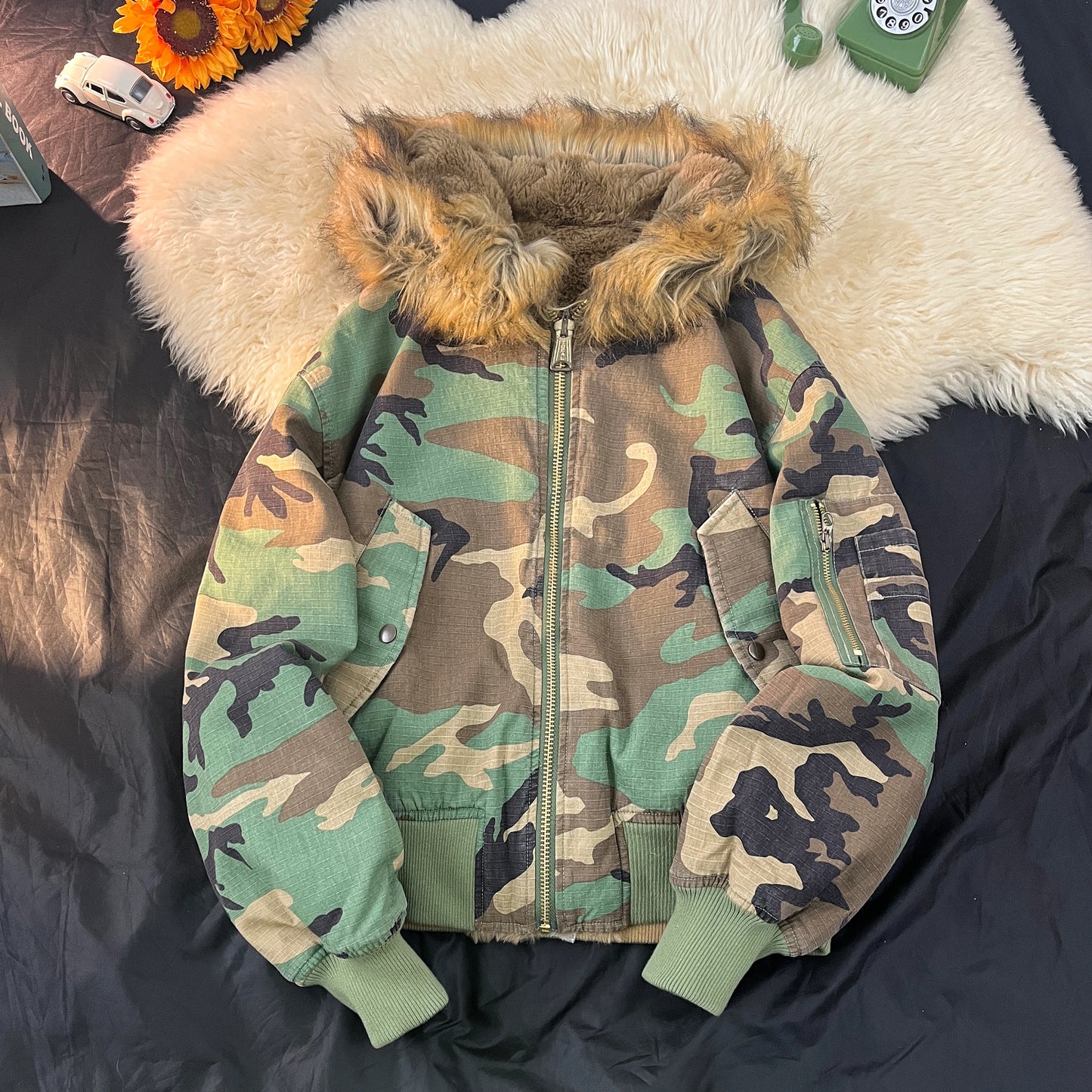 Thickened Faux Rabbit Fur Collar Camouflage Hooded Jacket Cotton Padded Coat for Men And Women Double-Sided Wear Youth Style