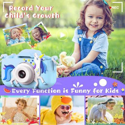 48MP Blue Unicorn Kids Camera 2.0" 16X Zoom Digital Video Recorder with Games Anti-Drop Toy Camera Gift for Boys Girls 3-12