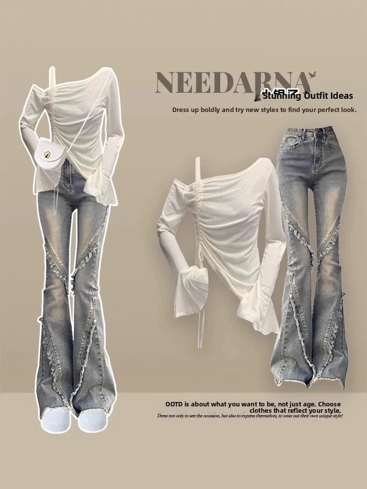 Spicy Girl Autumn Korean Style Slimming Bell Sleeve Top And Jeans Set Women's Fashion Slim Fit Long Sleeve round Neck Suit