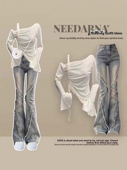 Spicy Girl Autumn Korean Style Slimming Bell Sleeve Top And Jeans Set Women's Fashion Slim Fit Long Sleeve round Neck Suit