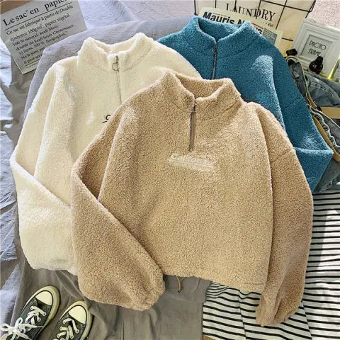 Autumn Winter Fleece Lined Half Zip up Stand Collar Sweatshirt Women's Loose Short Style Lamb Velvet Student Top Coat