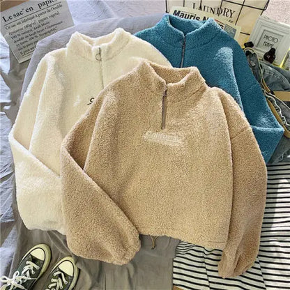 Autumn Winter Fleece Lined Half Zip up Stand Collar Sweatshirt Women's Loose Short Style Lamb Velvet Student Top Coat