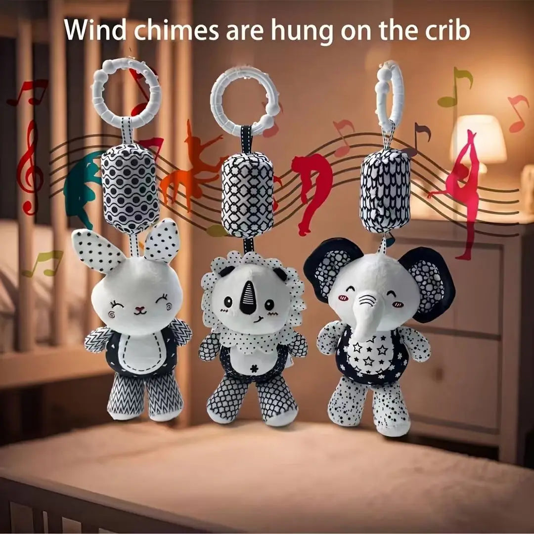 Portable Plush Baby Toy with Wind Chime and Rattle, Black White Design for Stroller Crib Hanging Decor, Safe Cute Newborn Gift
