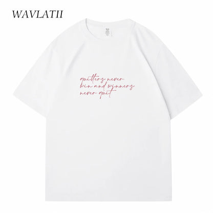 WAVLATII Women New Letter Printed T shirts Female White Casual Cotton Tees Lady Purple Summer Short Sleeve Tops for Young WT2342