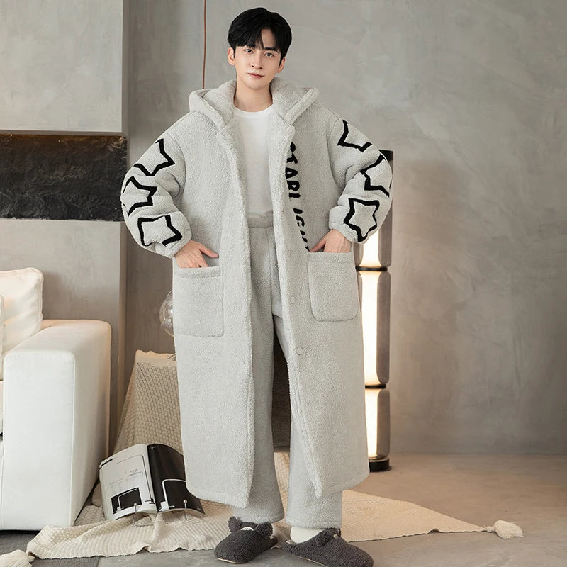 Long Coral Fce Spwear Men's Winter Casual plus Size Home Clothes Robe Youth Leisure Straight Leg Pants Button Closure