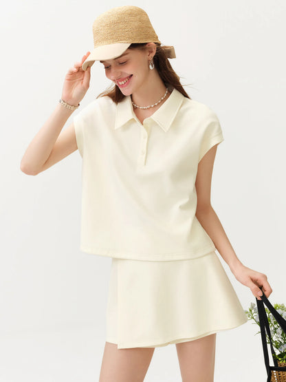 FSLE 2026 Summer Women's Short Sleeves Polo Top Culottes Set, High-Rise Split-Joint Skirt Pants for Tennis Core Athflow Style