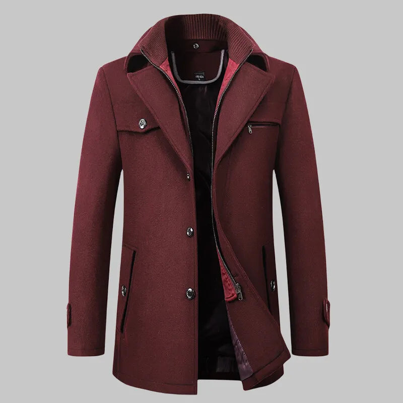 2026 High Quality Men's Wool Coat Medium Length Double Collar Winter Plus Cotton Thickened Wool Coat