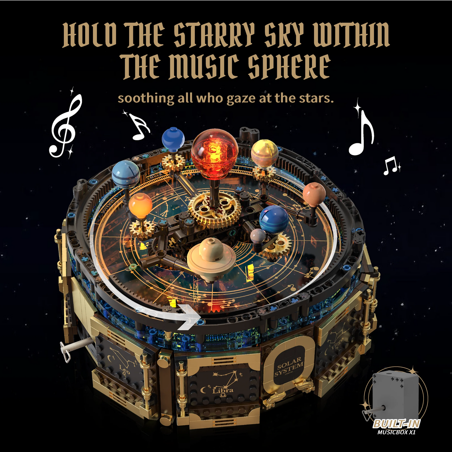 STEM Solar System Orrery Music Box Building Blocks Rotating Planets Gear Mechanism Transparent Dome Educational Decor Gift Kids