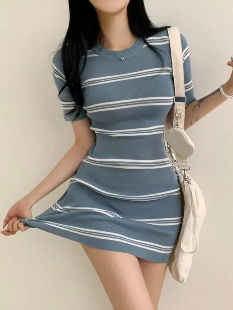 Chic Summer Slim Fit round Neck Striped Knitted Dress Women's Fashion High Waist Bodycon Short Skirt Elegant Lady Style