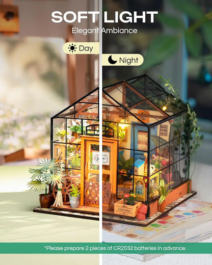 Rolife Mini Green House Cathy's Flower House DIY Dollhouse Wooden Miniature Furniture Kit with LED Best Birthday Gifts