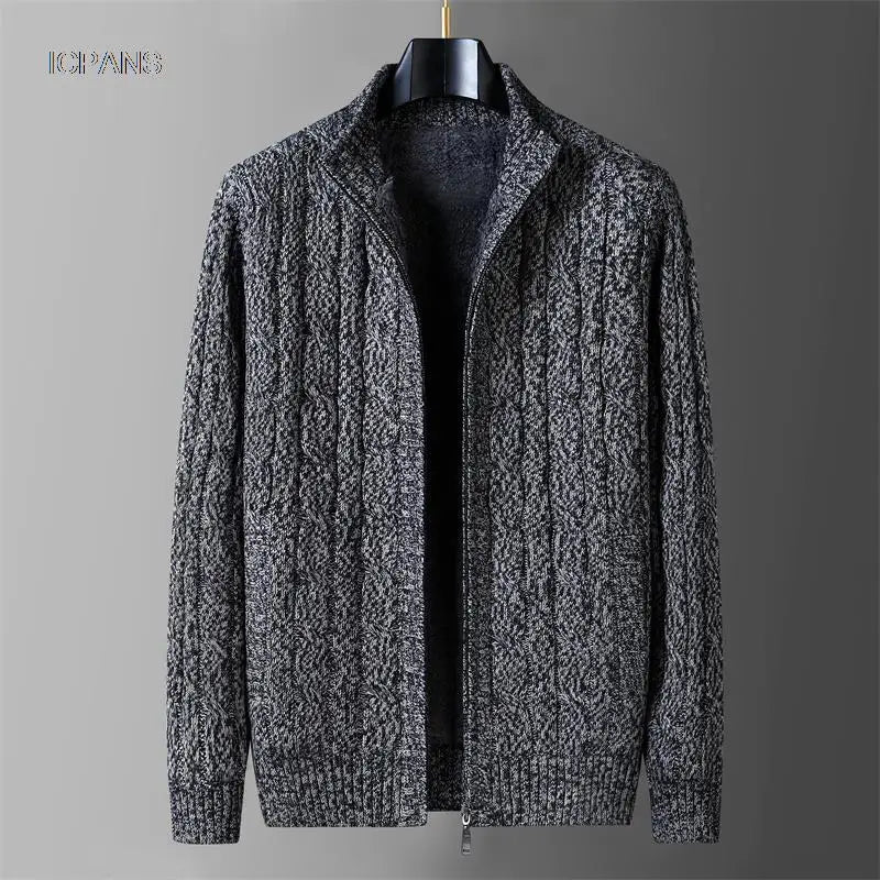 Wool Liner Argyle Jumper  Jacken Korea Khaki Black Fleece Thicken Warm Winter Zipper Sweater Men Cardigan Knitted Clothing