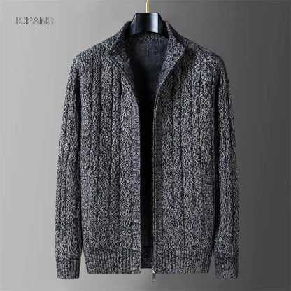 Wool Liner Argyle Jumper  Jacken Korea Khaki Black Fleece Thicken Warm Winter Zipper Sweater Men Cardigan Knitted Clothing