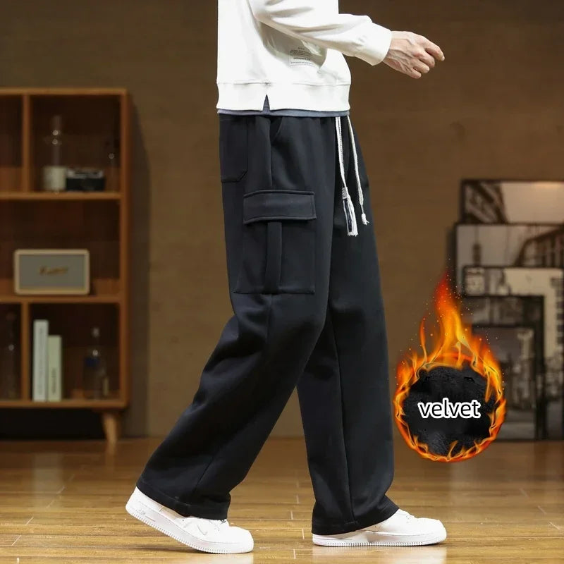 Winter Velvet Sweatpants Cotton Men Baggy Joggers Cargo Pants Neutral Breathable Loose Outdoor Solid Color Wide Legged Trousers