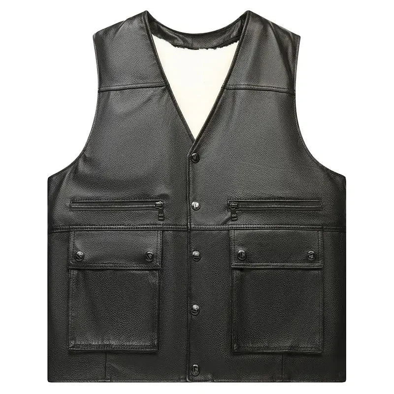 Winter fur Large piece of Genuine Leather Motorcycle Vest Mens Fit Real Cowhide Leather Waistcoat Bikers Vest sleeveless jacket