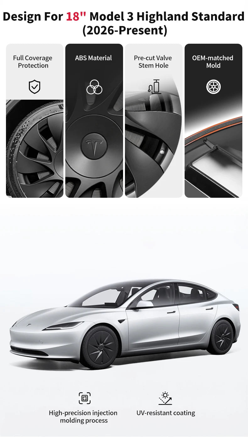 4PCS Hubcaps for Tesla Model 3 Highland 2026 Standard 18Inch Full Rim Covers Replacement Wheel Cover Accessories Only for Standa