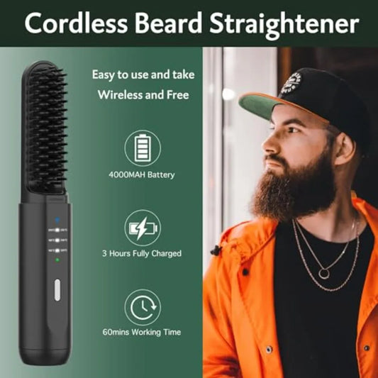 Beard Straightener for Men, Portable Cordless Heated Hair and Beard Straightening Brush with Anti-Scald and Ionic Technology, 3