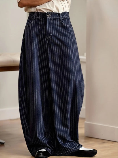 Men's Vertical Striped Barrel Leg Baggy Wide Leg Pants Stretch Polyester Elastane Oversized Casual Streetwear Long Trousers