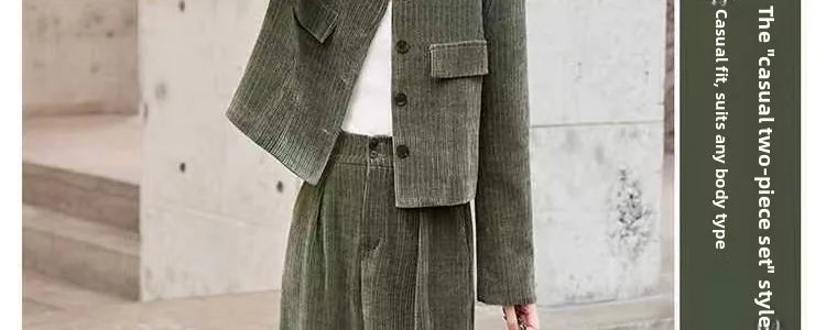 Fashionable Corduroy Set Women's Autumn Winter New Style Elegant Lady Fragrance Wind Coat Wide Leg Pants Two Piece Suit