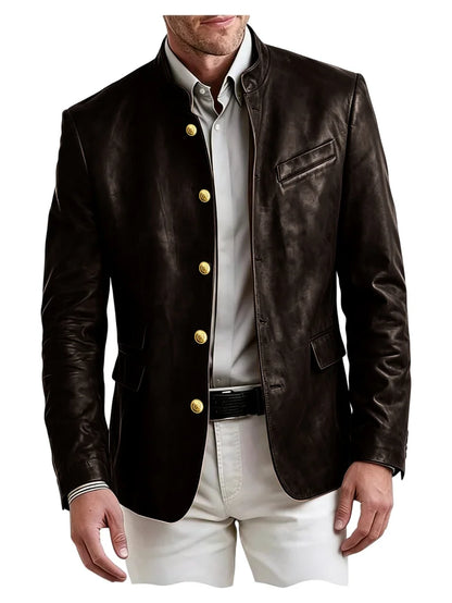 Men's Stand Collar Leather Blazer Slim Fit Single Breasted Golden Metal Buttons Multi Pocket Coat For Business Wedding Daily