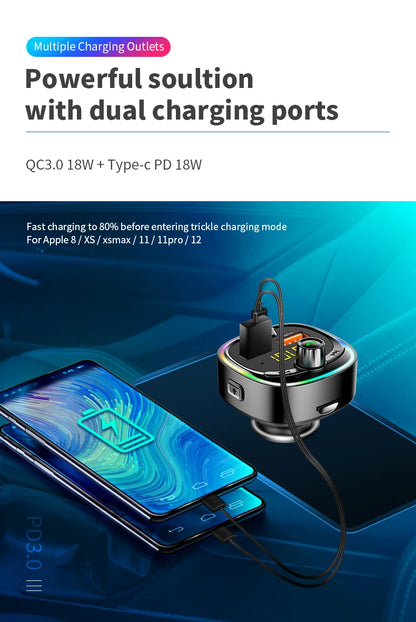 Car FM transmitter, wireless 5.0 QC3.0 & PD 18W USB-C car charger, RGB backlit car receiver, supports hands-free calls, Siri Goo