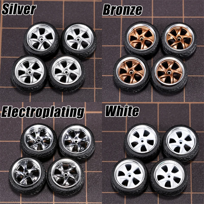 1/64 Model Car Wheels 4 Sets-11mm Diameter ABS Rubber Tires with Brake Disc-Upgrade Parts for Tomica Hot Wheels Diecast Vehicles