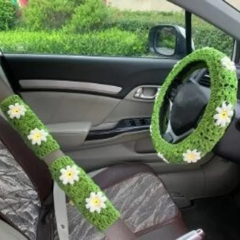 Hand Crocheted Flower Car Steering Wheel Cover Warm Anti Slip Grip Seat Belt Safe Simple Style Winter Auto Decor Accessory