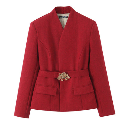 European and American style 2026 spring new women's clothing irregular belt buckle herringbone diagonal suit skirt set