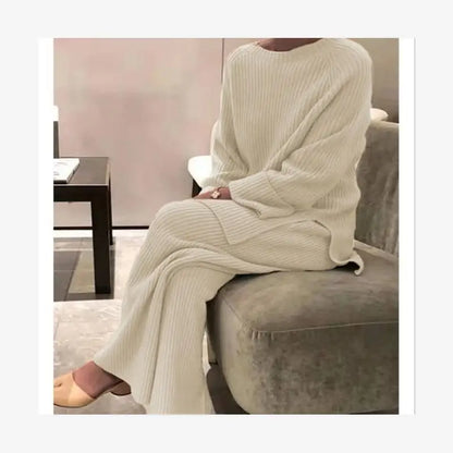 Casual Women's Knitted Sweater Two-Piece Set Cross-Border Fashion Spring Long Sleeve Pants Long Pants Suitable for 18-25 Year...