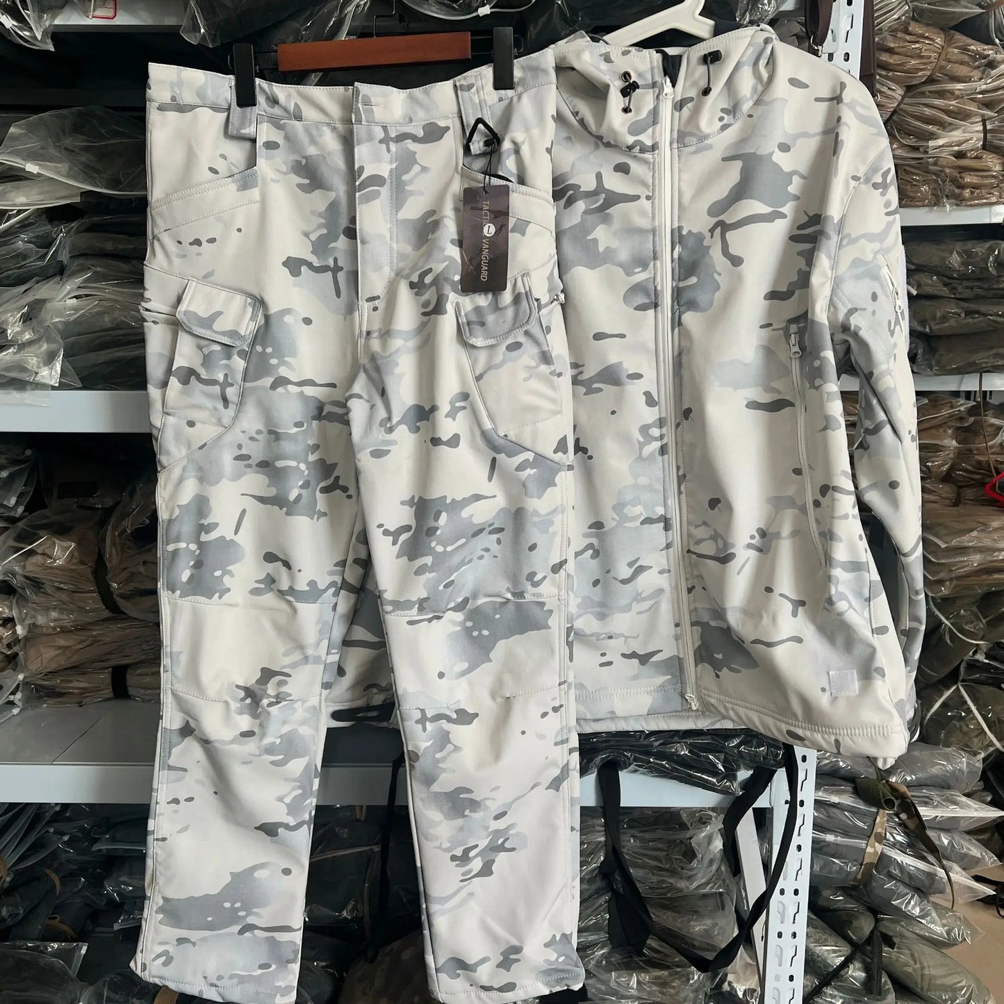 MCAP Men‘s Snow Camo Tactical Suit Softshell Jacket Pants Set Thermal Fleece Lined Hooded Underarm Zipper for Ski Hunting Winter