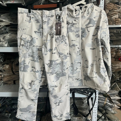 MCAP Men‘s Snow Camo Tactical Suit Softshell Jacket Pants Set Thermal Fleece Lined Hooded Underarm Zipper for Ski Hunting Winter