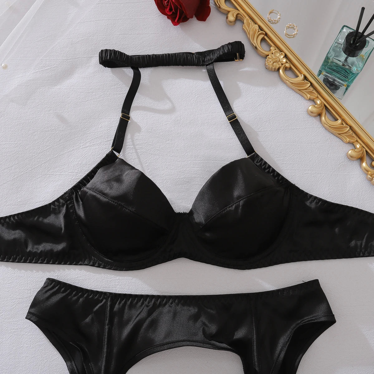 2025 French style hanging neck pure desire sexy steel ring gathering shaping underwear split set with leg socks