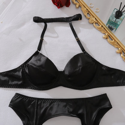2025 French style hanging neck pure desire sexy steel ring gathering shaping underwear split set with leg socks