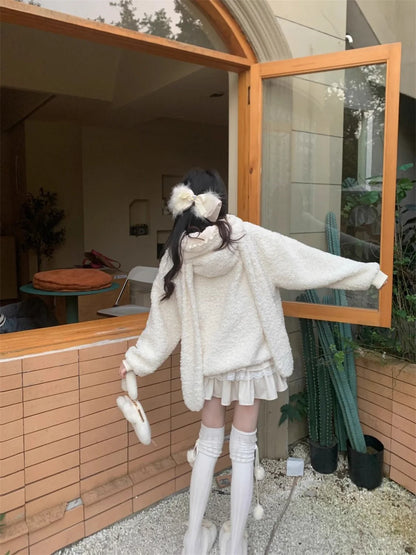 Winter Design Sense Hoodies Warm Rabbit Long Ears Women Sweatshirt Girl Lolita Hooded Zip-up Casual Sweatshirts Harajuku Hoodie