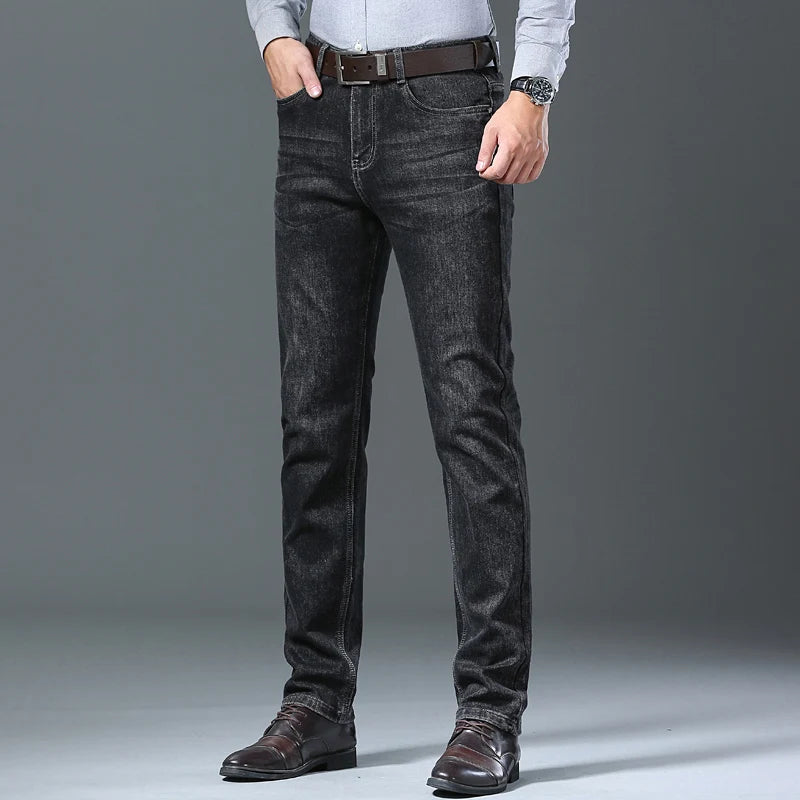 2024 New Black Men's Autumn Winter Thick Jeans Classic Style Stretch Business Loose Straight-leg Casual Pants Men's Denim Pants