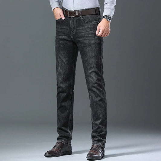 2024 New Black Men's Autumn Winter Thick Jeans Classic Style Stretch Business Loose Straight-leg Casual Pants Men's Denim Pants