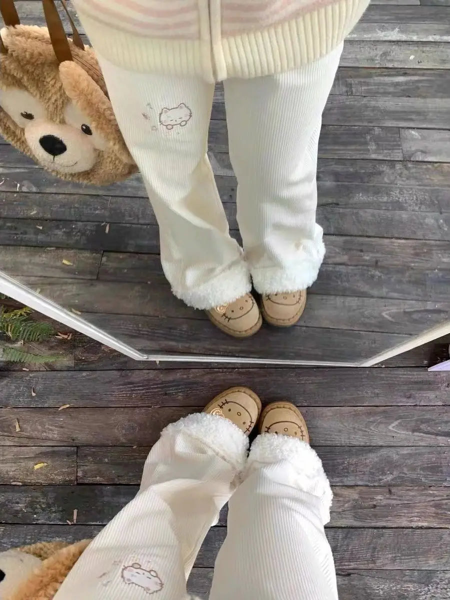 Corduroy  Embroidery Lamb Fur Patchwork Loose Micro Flare Autumn Winter Fleece Lined Slimming Cute Wide Leg Pants Women