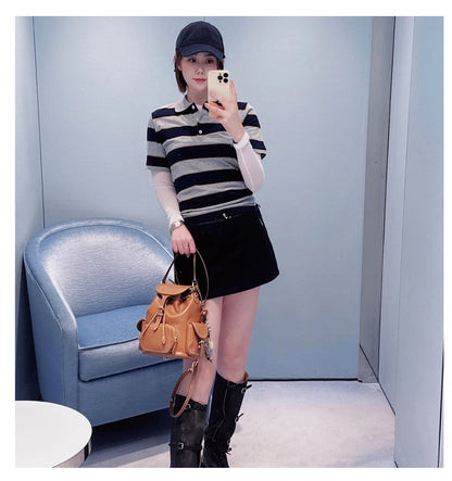 Sweet Cool Girl Spring New Style Miu Style Embroidered Letter Grey Blue Color Block Stripe  Short Sleeve Women's Top