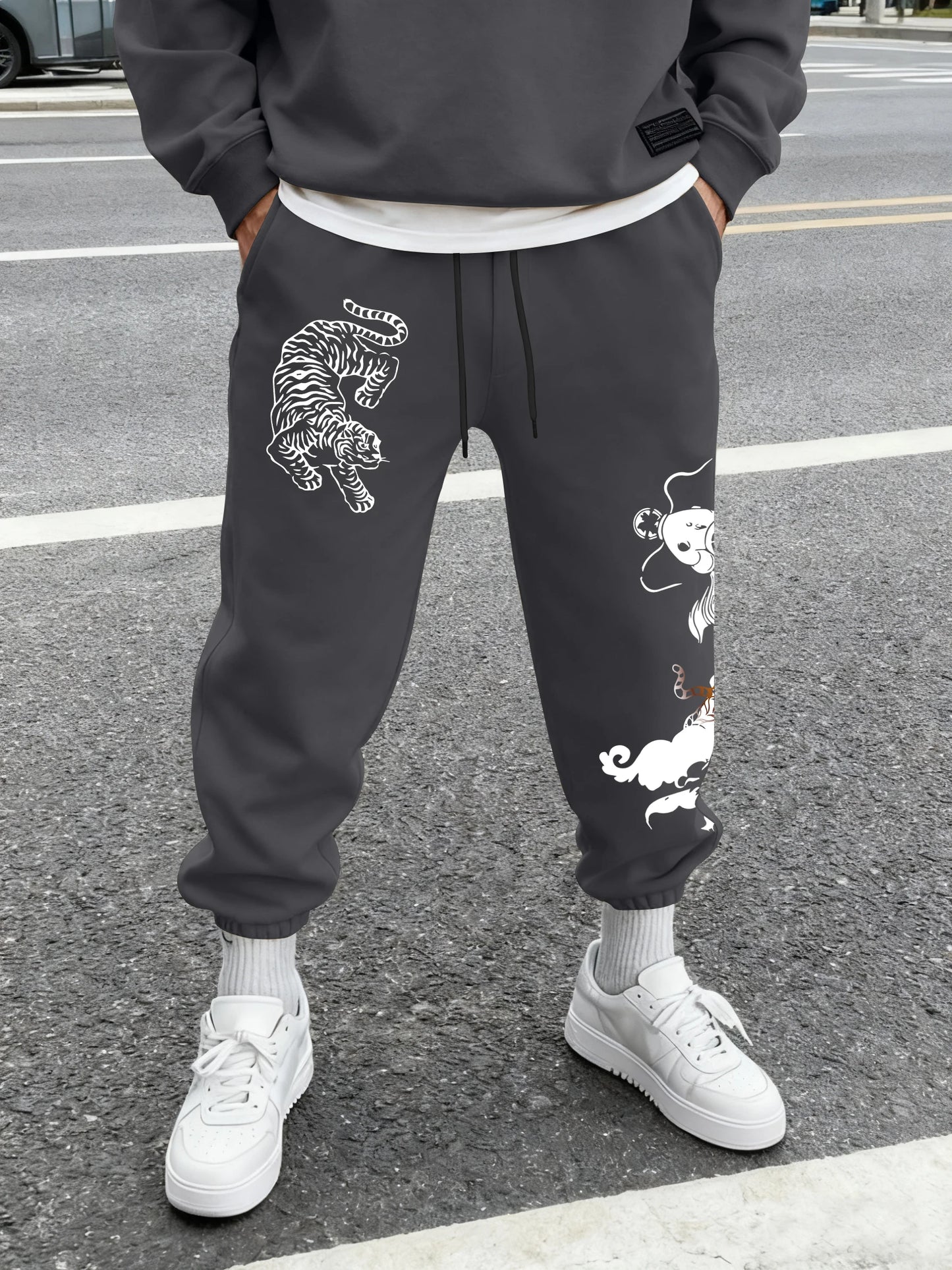Men's Streetwear Traditional Chinese White Tiger Koi Fish Print Sweatpants Elastic Waist Soft Asian Hip Hop Daily Joggers