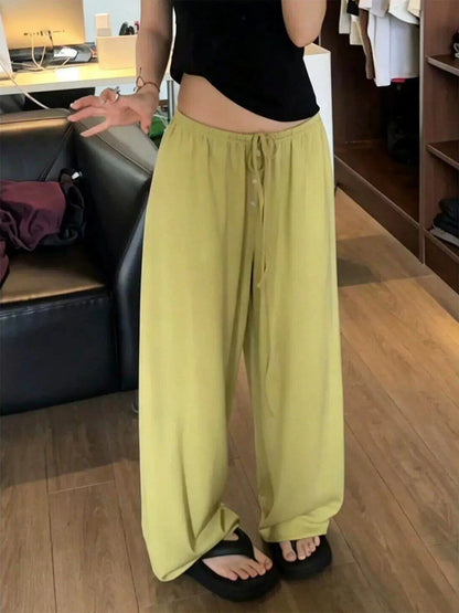 Ice Silk Quick Dry Wide Leg Pants Women Summer Thin Loose Casual Drape Straight Tube Leisure Walking Pants High Waist Elastic