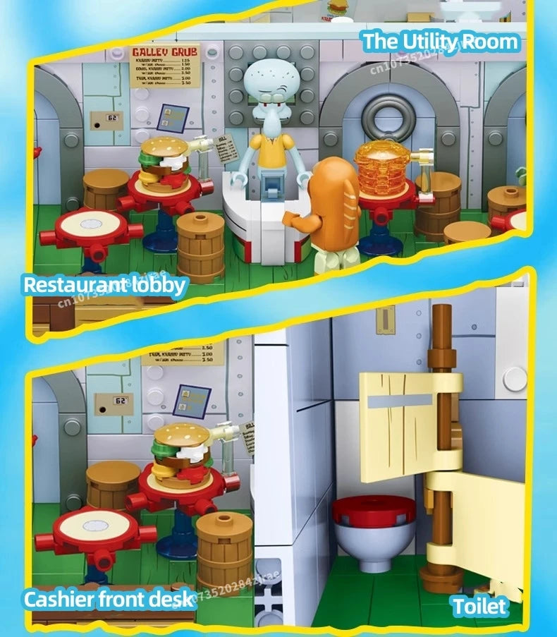 Spongebob building block cartoon Krusty Krab creative restaurant scene model Patrick Star assembly toy children's birthday gift