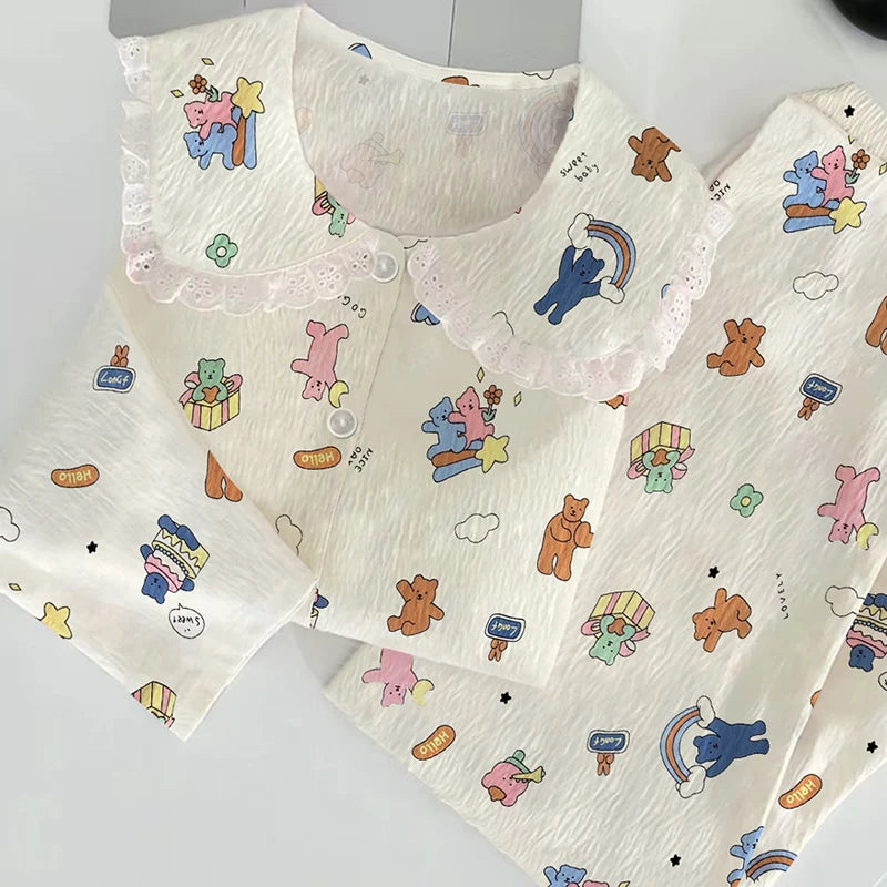 Cloud Cotton Sleepwear Set for Women Casual Spring Autumn Long Sleeve Long Pants Home Clothes  Plant Floral Print