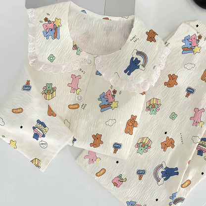 Cloud Cotton Sleepwear Set for Women Casual Spring Autumn Long Sleeve Long Pants Home Clothes  Plant Floral Print