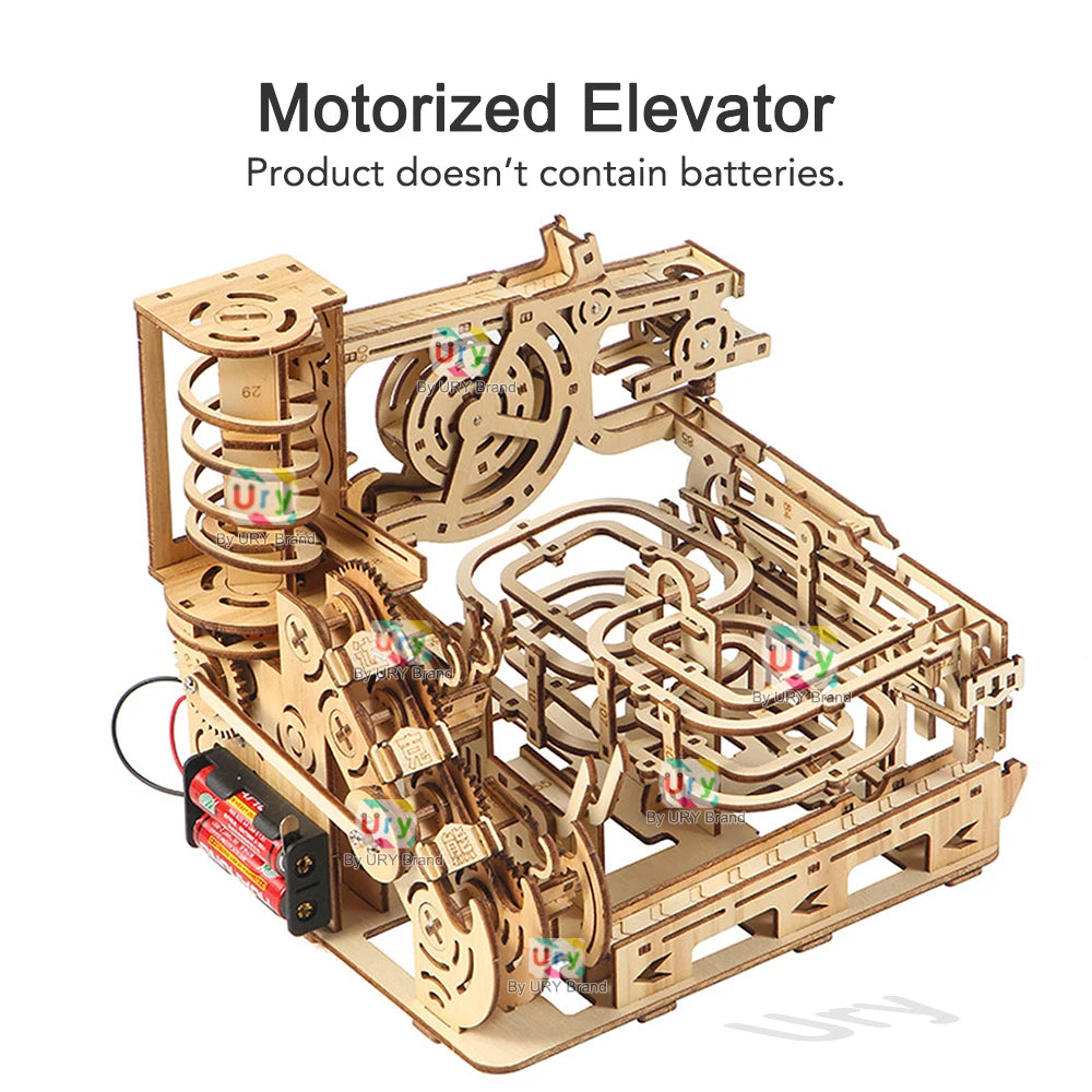 Ury 3D Wooden Puzzles Electric Catapult Track Device Marble Run Set Mechanical Model Science Maze 7 Balls Assembly Gift