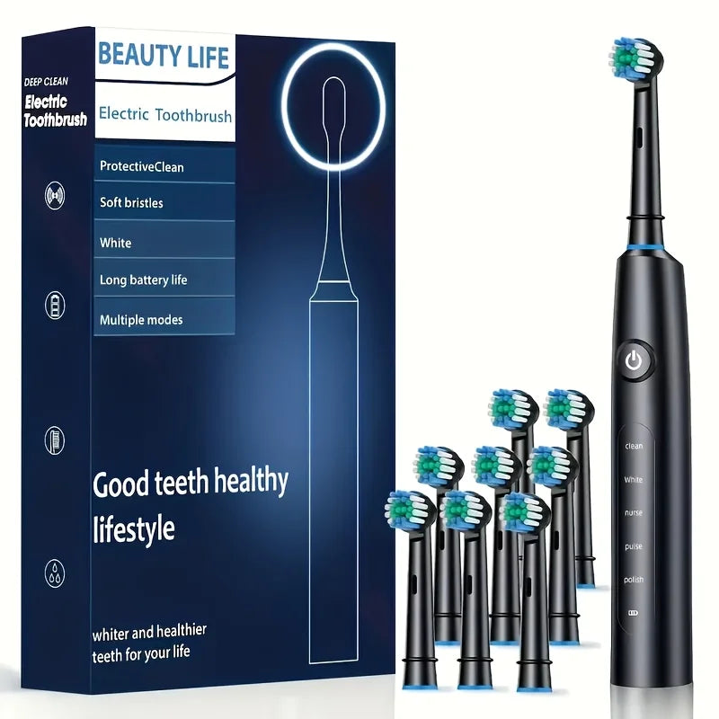 Electric Rotating Toothbrush Deep Clean Whitening Teeth for Adult Ultrasonic Toothbrush with 4/8pcs Refill Replacement Heads