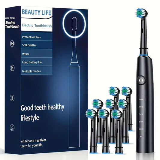 Electric Rotating Toothbrush Deep Clean Whitening Teeth for Adult Ultrasonic Toothbrush with 4/8pcs Refill Replacement Heads