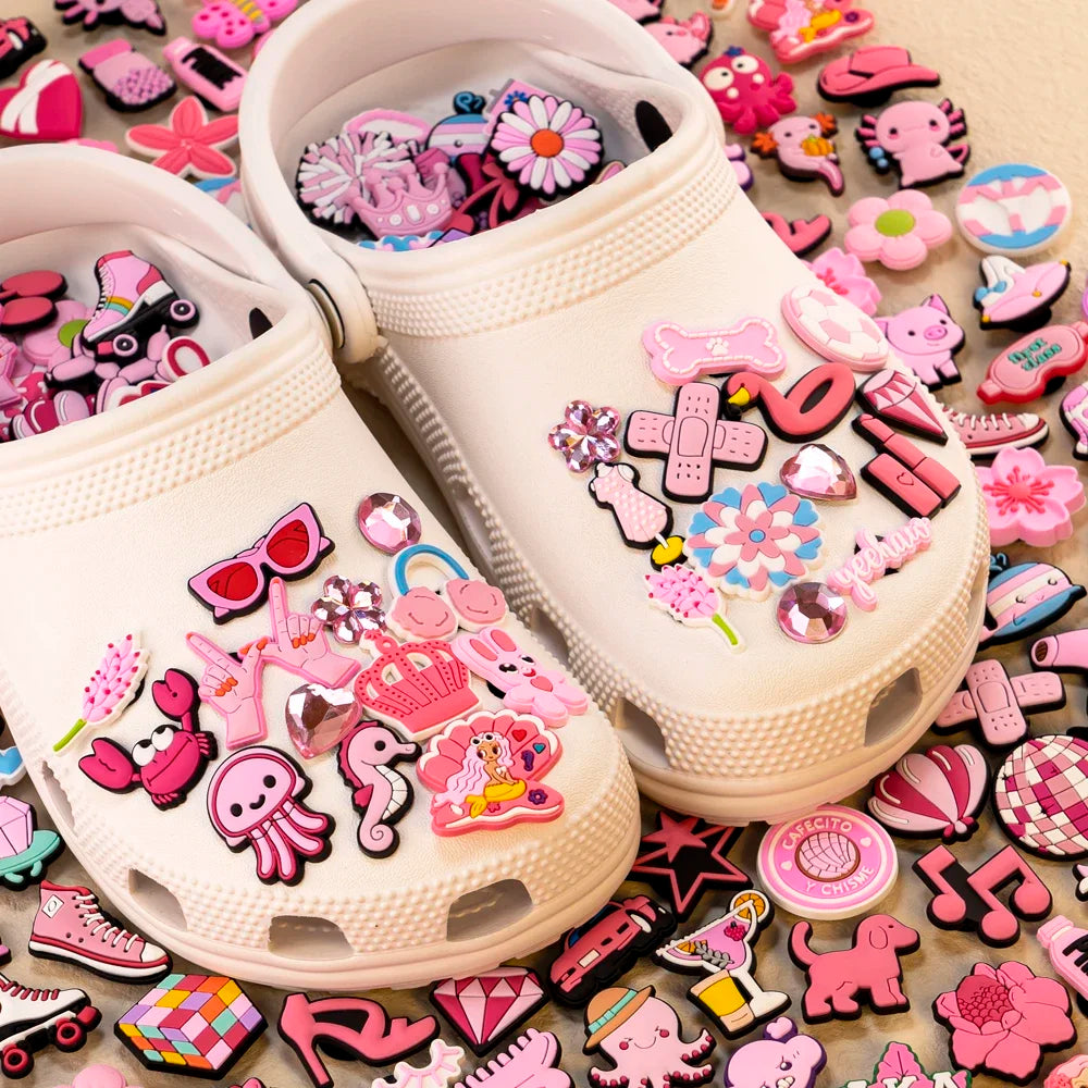 10/20/50/100pcs Random All Pink Shoe Charms Cartoon Cute Animal Plant Shoe Decorations Pins for Women Girl Sandals  Accessories