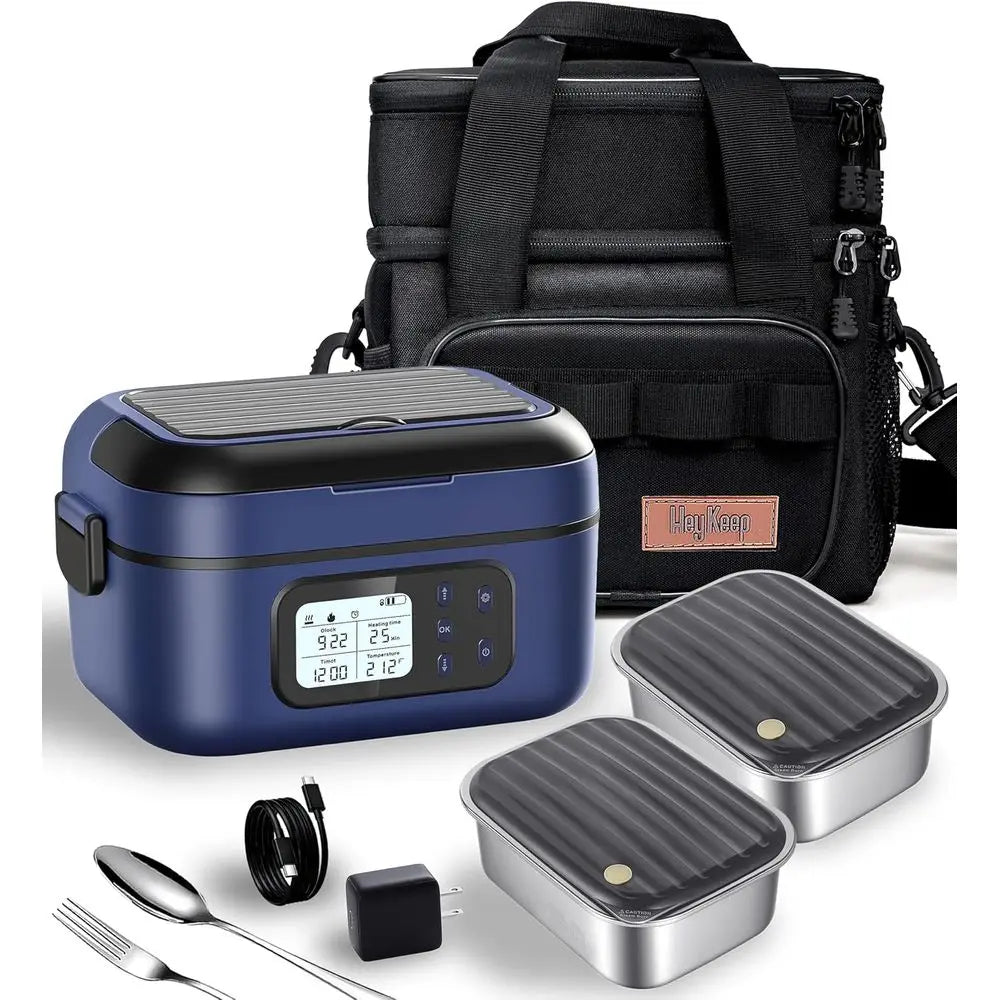 Portable Electric Heated Lunch Box for Adults, Battery-Powered, 2 x 6.3-Cup Capacity, Rechargeable, Ideal for Work, Travel, and