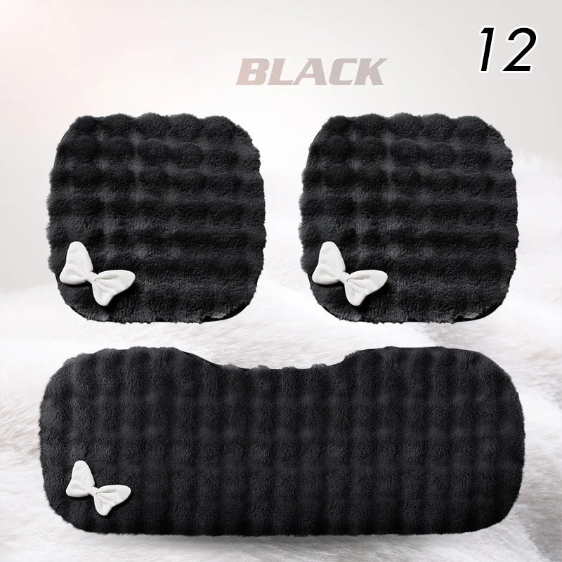Winter Plush Car Seat Cover Bowknot Fashion Cute Women's Automotive Interior Protector Steering Wheel Warm Cushion Car Pillow