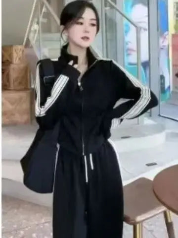 Fashionable Sportswear Set Women's Stand Collar Sweatshirt Slimming Two-Piece Suit Korean Style Commute High Waist Long Pants